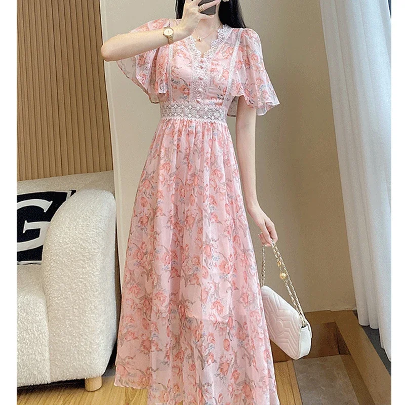 

Women's Lace Patchwork Floral Print High Waist Elegant Party Dresses 2024 Summer Fashion V Neck Short Sleeve Midi Dress Vestidos