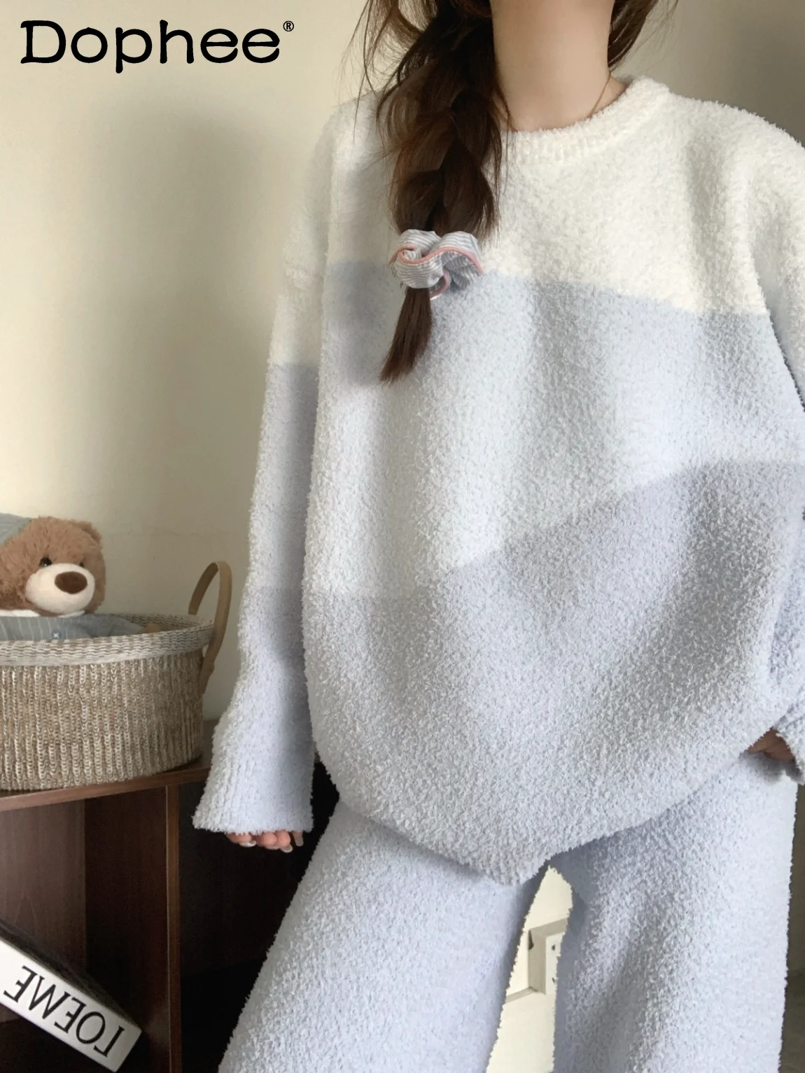 

Зимние пижамы в японском стиле Ins Sweet Girl с круглым вырезом и длинными рукавами, женский теплый комплект, новинка 2025 года, свободная повседневная домашняя одежда