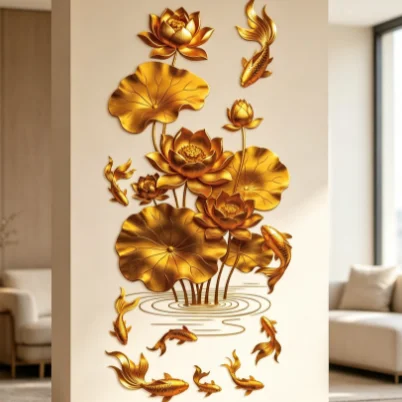 3D Golden Lotus Koi Chinese Style Sticker 2Pcs Anti‑Static Plastic Decal for Glass Door Household Wall Window Decor Supply