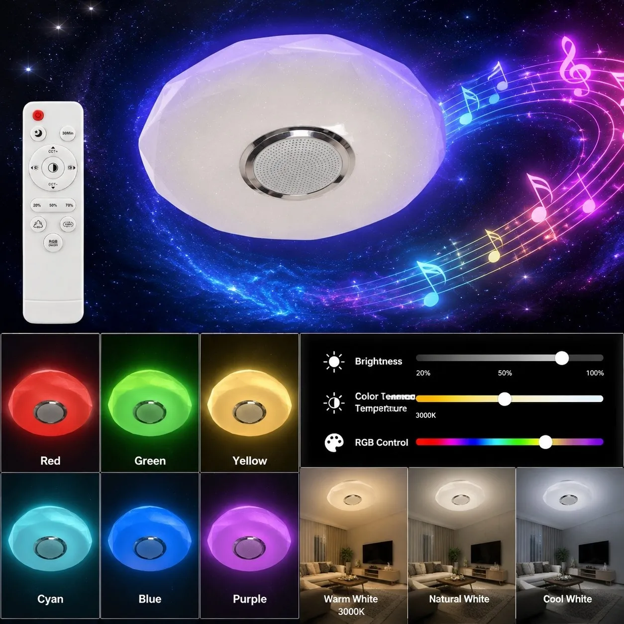 1 RGB ambient ceiling light, LED recessed ceiling light, LED strip and Bluetooth speaker system with remote Christmas music play