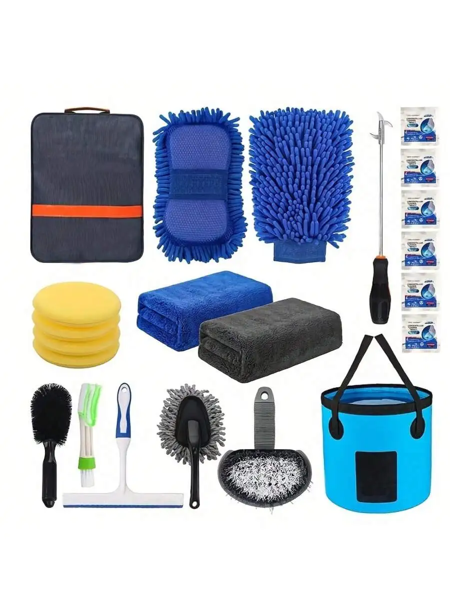

22-Piece Car Cleaning Kit With Canvas Bag, Foldable Bucket, Wash Gloves, Sponges, Towels, Tire Brush, Glass Scraper