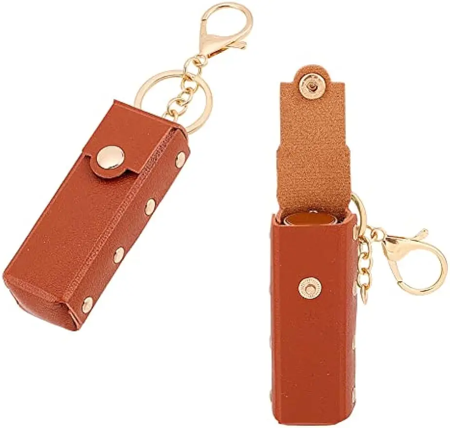 2pcs Chapstick Keychain Holder 6In PU Leather Lipstick Organizer Holder with Keychain Mini Lip Gloss Travel Storage Case Brown