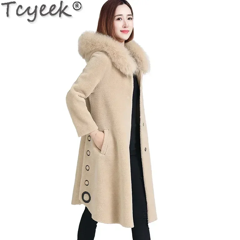 Tcyeek 100% เสื้อขนสัตว์แฟชั่นแกะShearlingเสื้อแจ็คเก็ตฤดูหนาวผู้หญิงWarm Fox Fur Collarความยาวกลางผู้หญิงเสื้อขนสัตว์