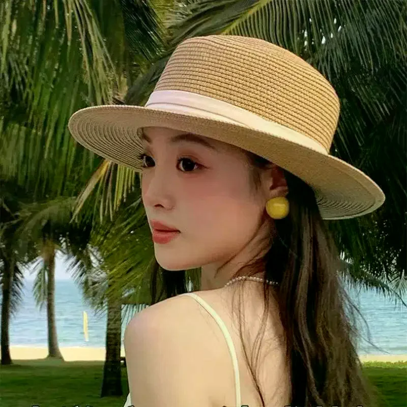 /HTF/French Style Flat Top Straw Hat Beach Sun Hat Travel Vocation Women Summer Straw Hat Fashion