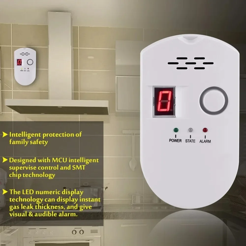 BRJ-502D Digital Natural Gas Detector High Sensitive Home Gas Alarm Combustible Gas Leak Monitor for Home Kitchen（US Plug）