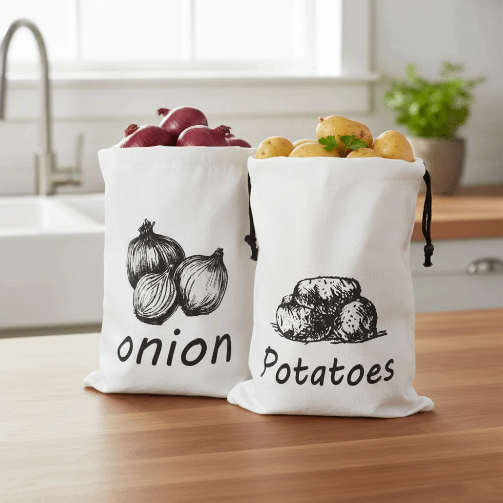 Drawstring Design Onion Potatoes Storage Bag with Side Zipper Canvas Vegetable Storage Bag Breathable Light-Blocking