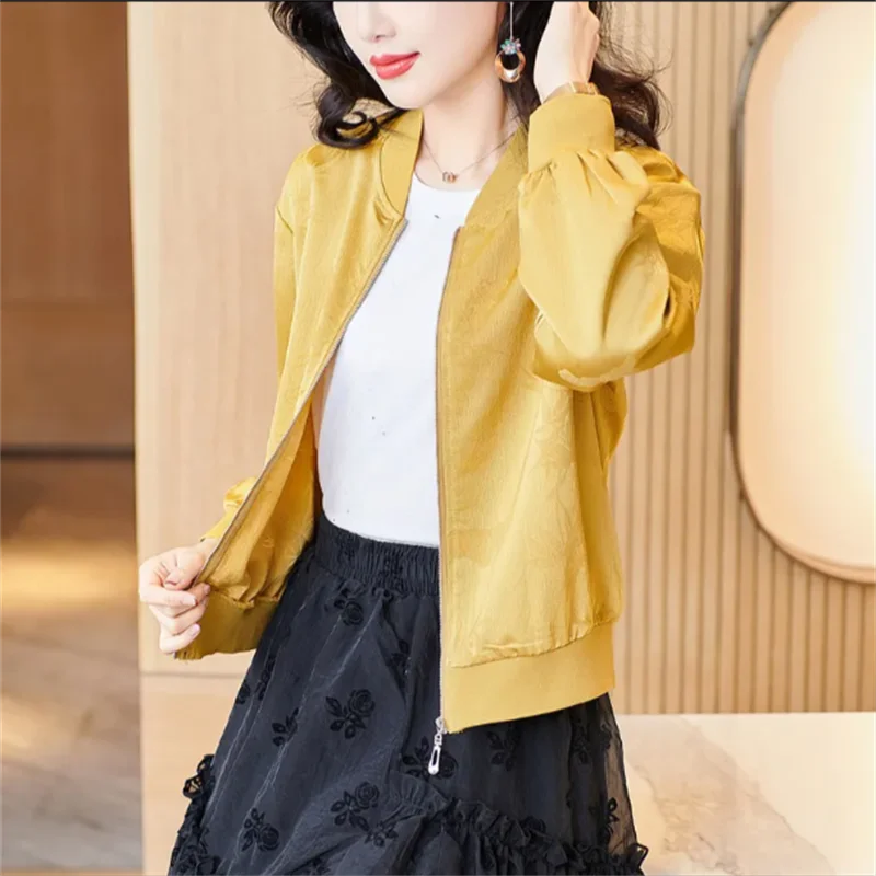 

Satin Short Jackets For Women Silk Jacquard Coat Thin Cloth Zipper Outwear Baseball Jacket Spring Autumn Clothes Female Jacket