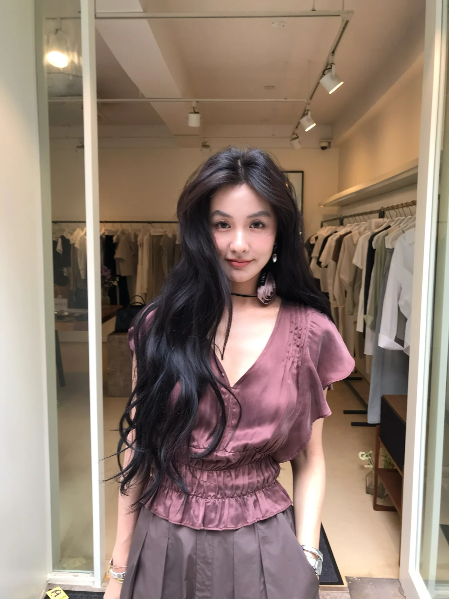 

EAR RAE Copper Ammonia Silk ort Top V-Ne Waist-Cinched Flng Sve Faionable Commute Sle Women's irt Cotton Blend