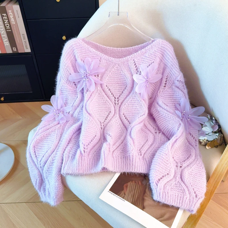 

Women's Purple Pullover 3D Floral Sweater 2000s Vintage Jumper Knit Long Sleeves Cozy Cashmere Sweater For Women Clothes Spring