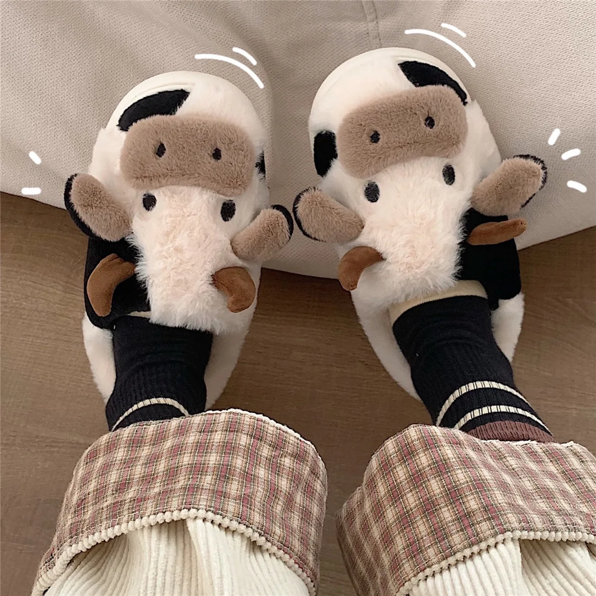 2024 Women Lovely Milk Cow Plush Slippers Men Winter Indoor Warm Sandals Adults Soft Non-slip Slides Couple Cute Home Flip Flops