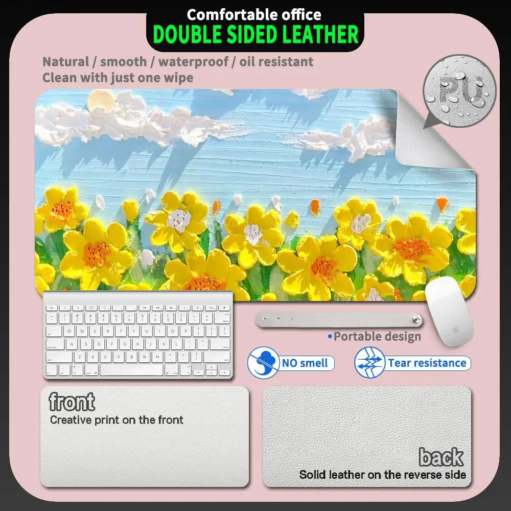 

Oil painting flowers PU Leather Mouse Mat Gamer Large Computer Mouse Pad Waterproof Gaming carpet XXL PC Desk Mat keyboard pad