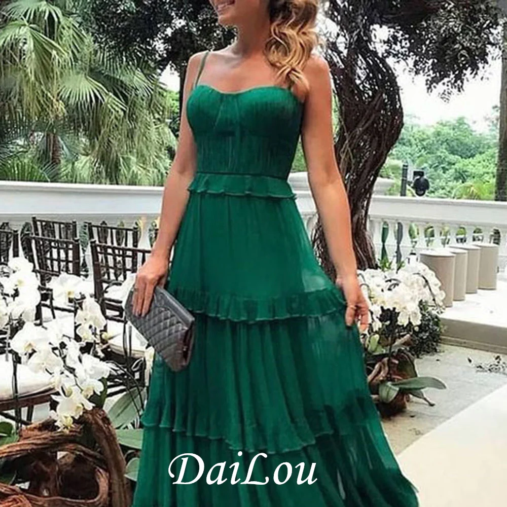 Vestido de tul verde con tirantes finos para mujer, elegante vestido de noche sin mangas, Sexy, largo, plisado, con volantes, para graduación y graduación