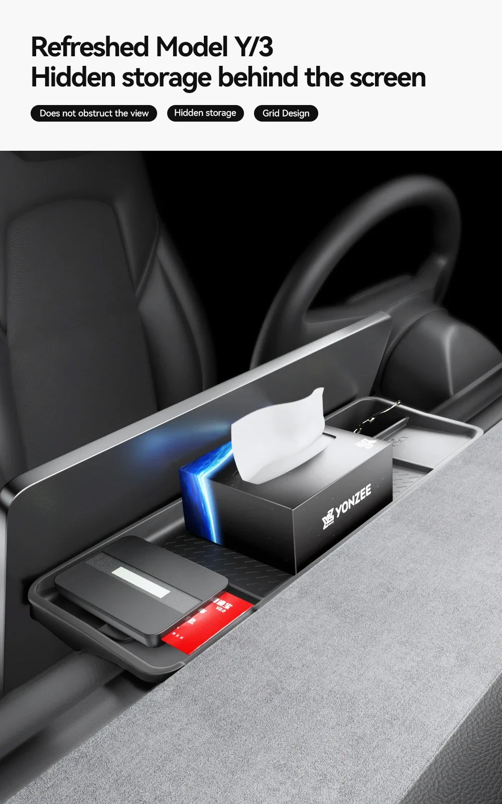 Aufbewahrungsbox für die Rückseite des Displays, Organizer, Halterung für das Armaturenbrett, Taschentuchbox, Zubehör für Tesla Model Y Juniper, Model 3 Highland. – Detail 1