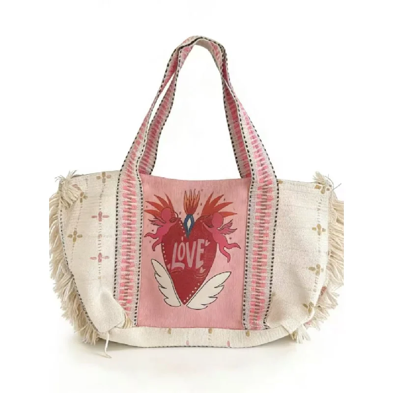

Cupid Print Fringe Tote Bag Retro Knit Bag Unique Design Chain Versatile Large Capacity Lightweight Luxury Women's Handbag