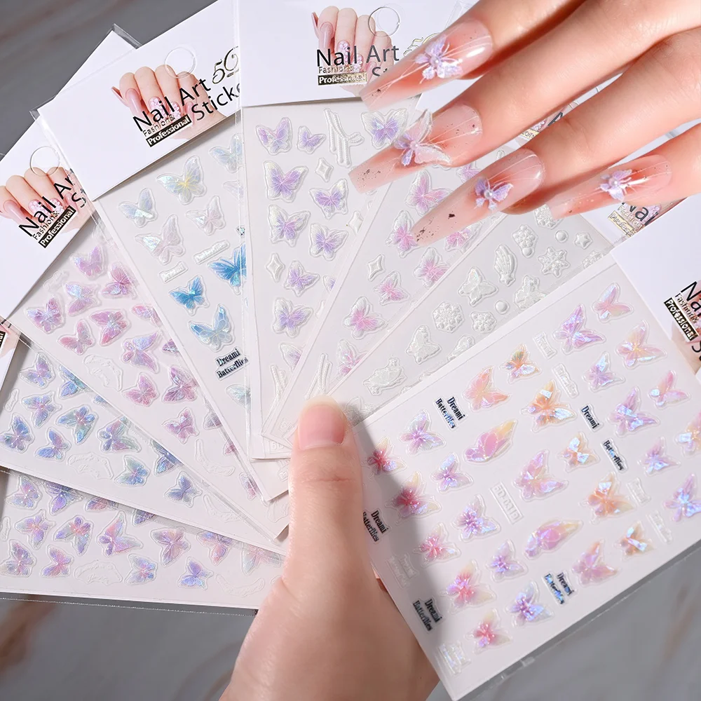 1Pcs Aurora Shell Light Butterfly Nails Stickers Glitter Pink Flowers Self Adhesive Slider Kawaii Butterflies Manicure Decals &#