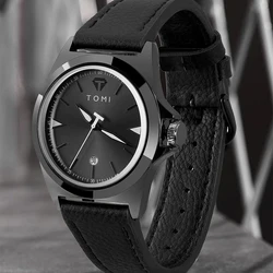 TOMI-reloj de cuarzo para hombre, cronógrafo sencillo de negocios, diseño de moda que combina con todo, esfera con fecha automática, correa de cuero negro, regalos para hombre, 2021