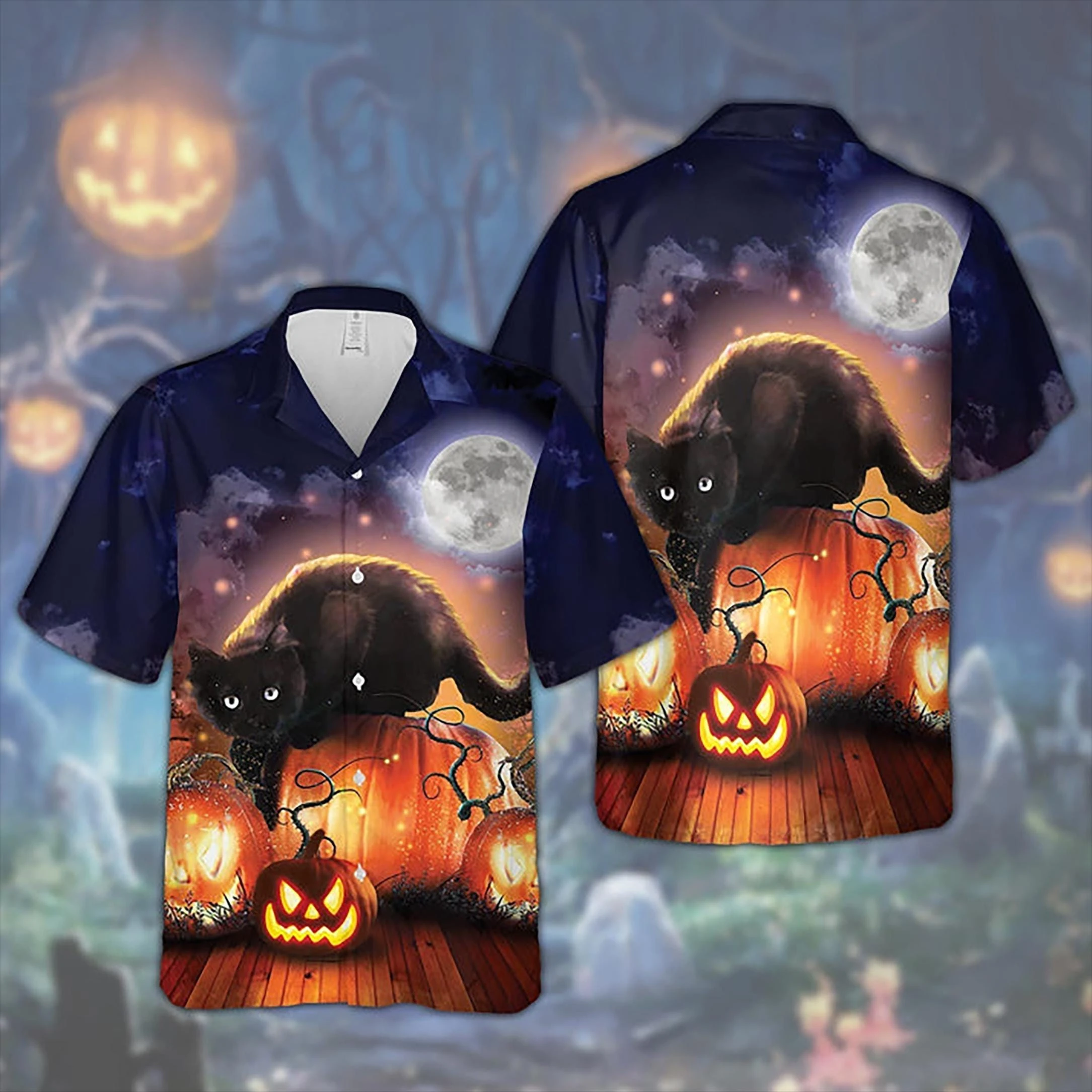 

Halloween Cat Hawaiian Shirt For Men Women Youth Pumpkin Mummy Ghost Tropical Shirts Funny Spooky Button Up Costume Gift Clothes