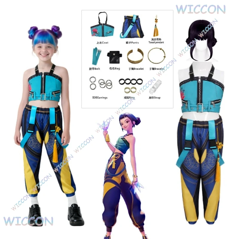 

2025 Anime KPop Demon Hunters Zoey Cosplay Costumewig Huntrix Rings Earrings Zoey Kids Suit Wig Halloween Party For Women Girls