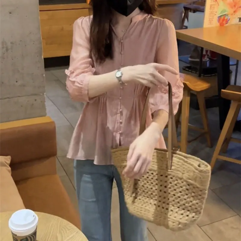 Spring Summer Solid Color Waist Shirt Commute 3/4 Sleeve Female Clothing Single-breasted Stylish Folds Spliced Drawstring Blouse