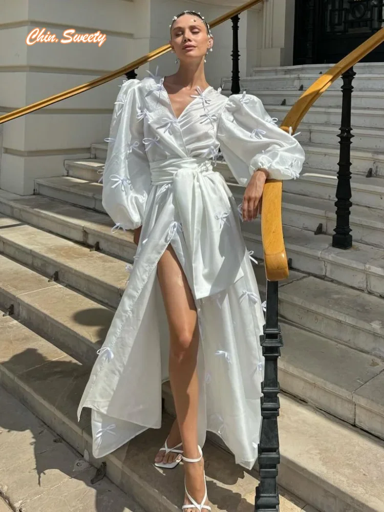 

Fashion 3d Bow High Split Big Hem Maxi Dress Women's Chic Long Lantern Sleeves V-neck Waist Up Gowns 2024 New Female Party Robes