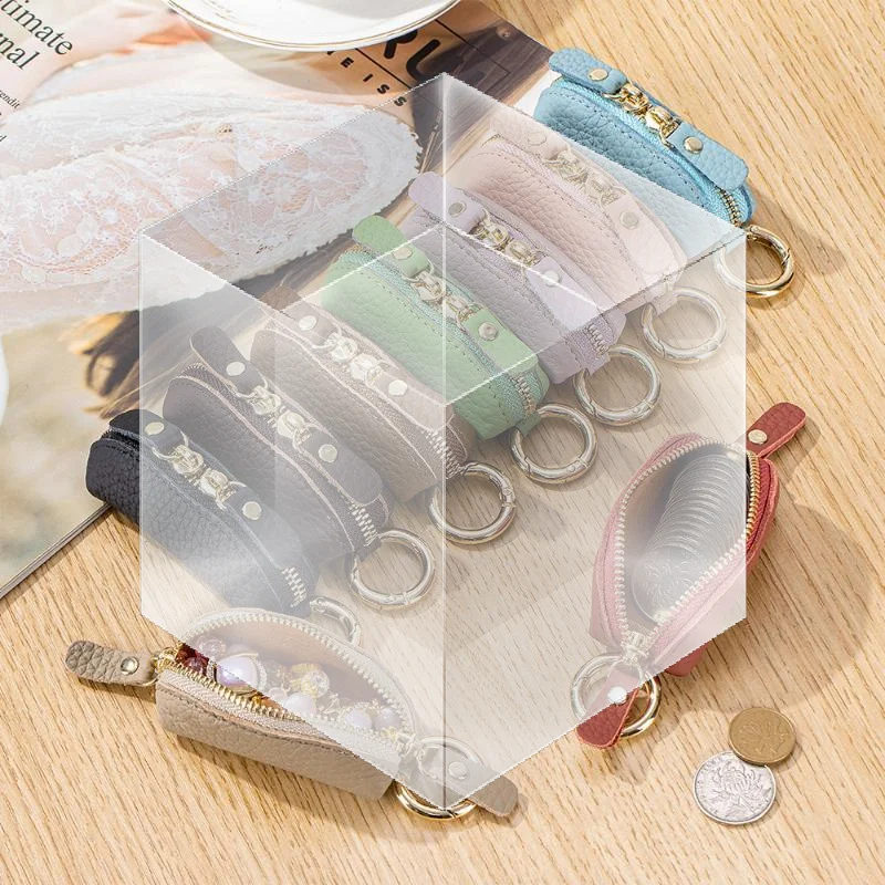 Mini Leather Coin Purse With Key Ring Minimalist Zipper Pouch For Men Women Small Portable Genuine Leather Change Holder