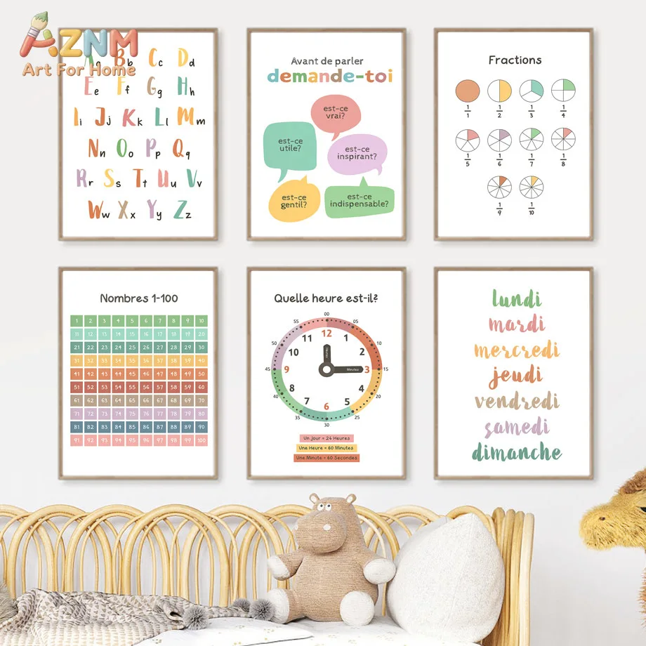 AZNM French Kids Educational Canvas Wall Art Alphabet Numbers Clock Fractions Week Days Learning Print Frameless Canvas Painting