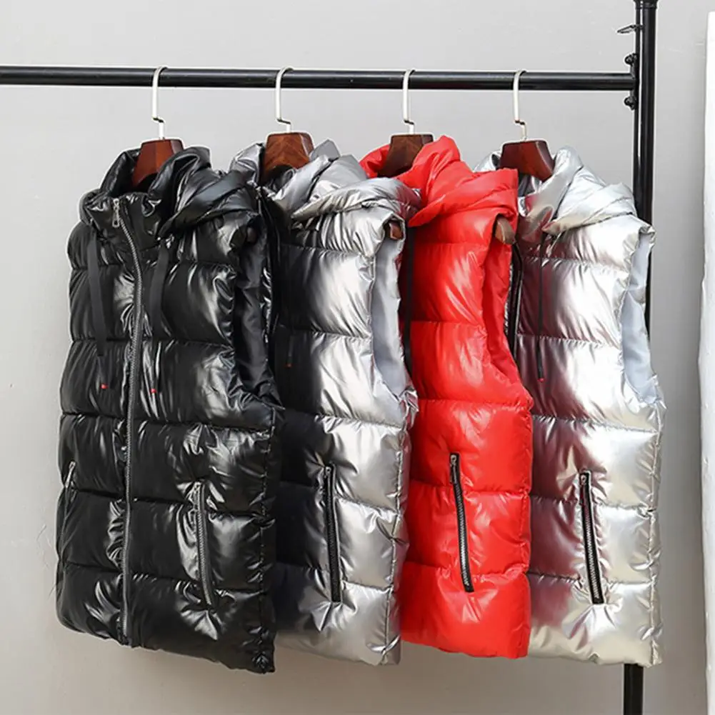 Men's Fashion Glossy Hooded Puffer Vest For Boys Teens Students Casual Couple Winter Jacket Outerwear 2026 Cotton Vest Outwear