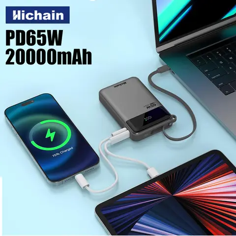 Hichain 20000mAh PD65W Power Bank per iPhone Laptop Tablet Caricatore rapido portatile Power Bank con doppi cavi per Xiaomi
