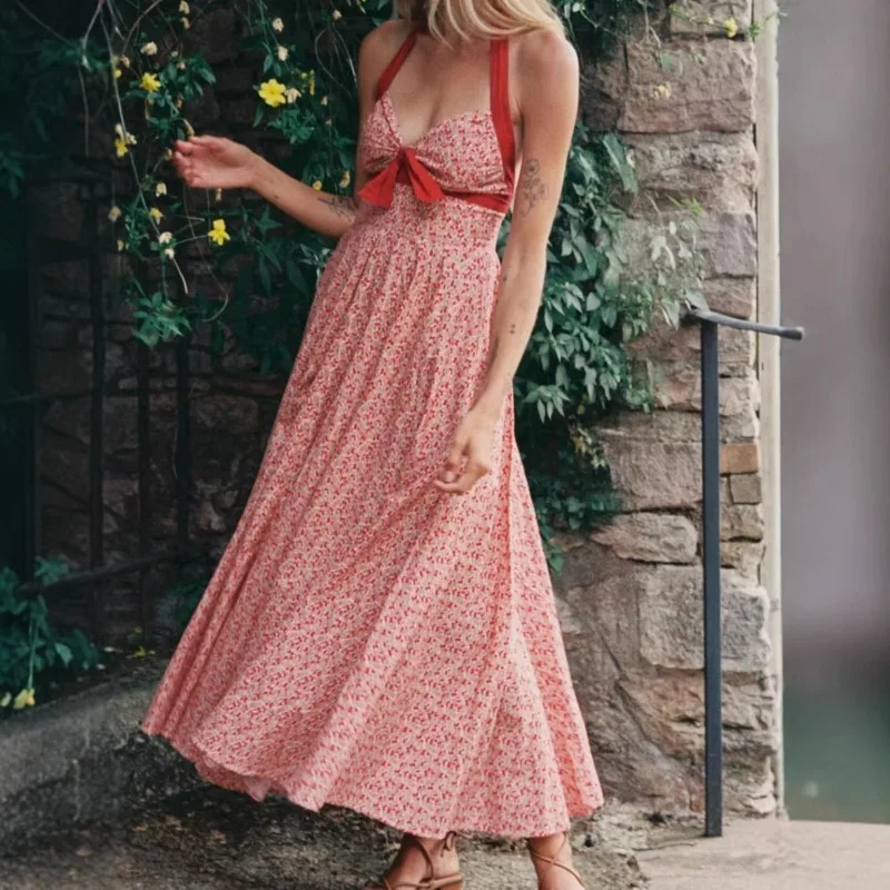 Dress Women's Summer French-style Long Skirt Printed Seductive Backless Halter Neck New Comfortable Minimalist Casual Versatile