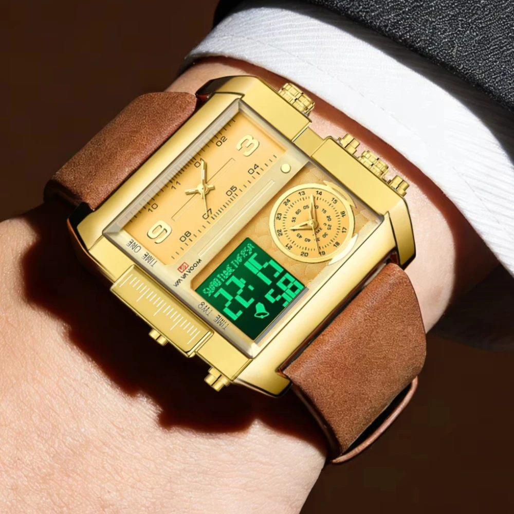 VA VA VOOM Luxury Personalized Large Square Quartz Watch Men LED Dual Display Leather Electronic Watch Men Daily Business Watch