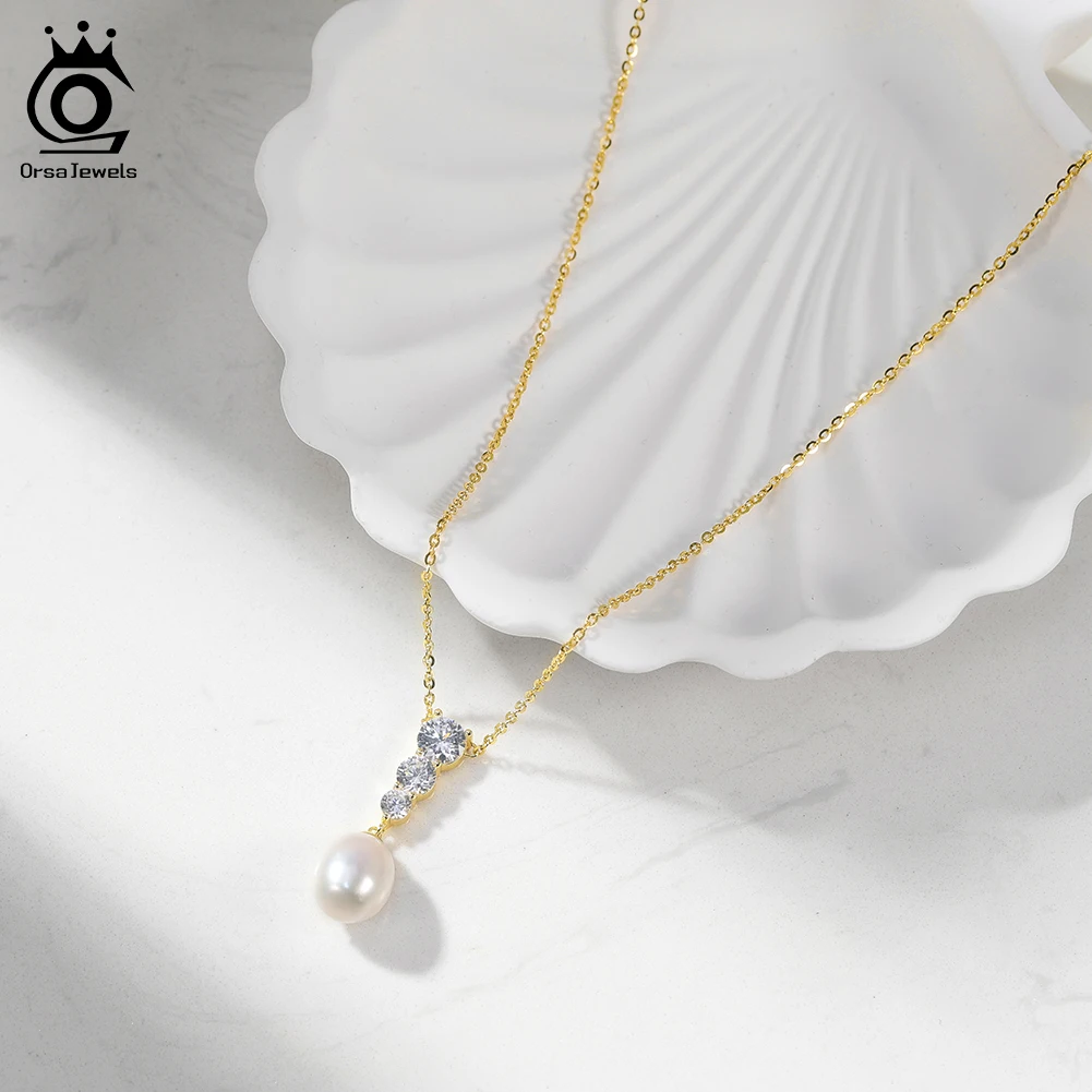 ORSA JEWELS Exquisite 925 Sterling Silver White Real Pearl Pendant Chain Simplicity Shiny Zircon Necklaces Jewelry Party GPN98