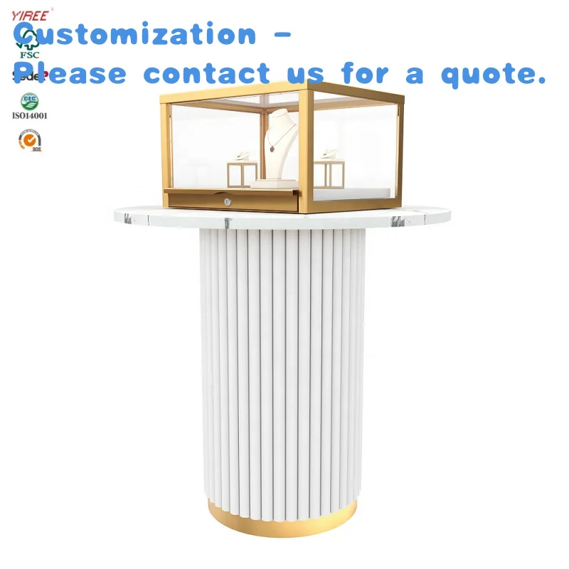 

custom.Ring Store Lock Led Metal Marble White Counter Top Glass Lighted Jewelry Showcases Display