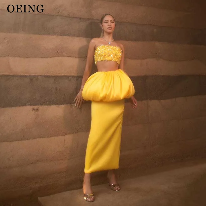 

OEING Modern Strapless Evening Dresses Simple Sequins Pleated Women Tea Length Prom Dress Formal Occasion Puff Gowns For Party