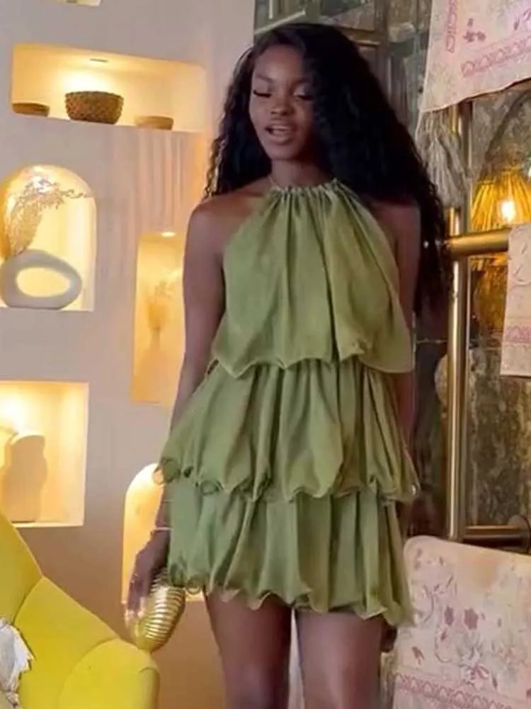 Vestido verde con cuello Halter para mujer, vestido corto de verano con hombros descubiertos, vestido sin mangas con cuello redondo, venta al por mayor, triangulación de envíos