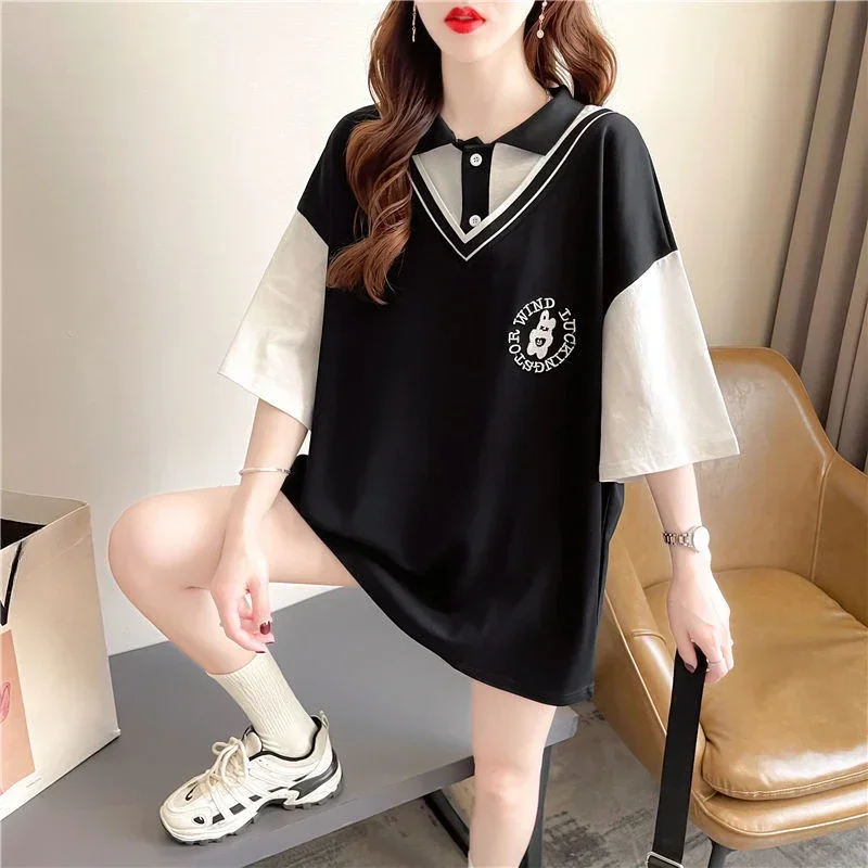 Y2k أزياء الصيف الزي قصيرة الأكمام فضفاضة الرقبة تي شيرت للنساء الكورية نمط الملابس الجديدة الجمالية امرأة زر التي شيرت #4