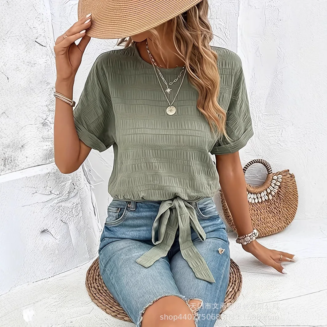 Women's Solid Round Neck Tie Hem Short Sleeve Textured T Shirt Comfortable Temperament Commuter Versatile Casual Fashion Blouse