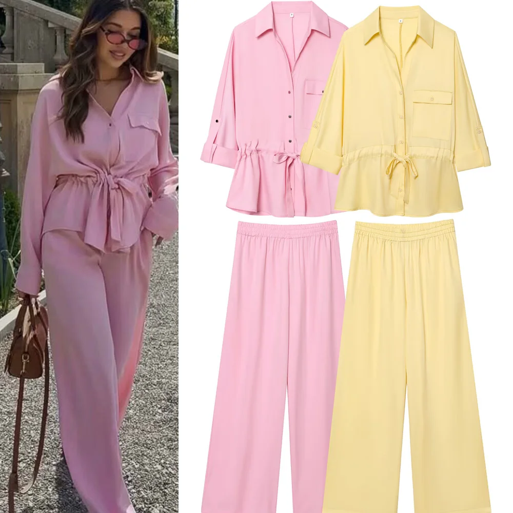 

2025 Women Chic Printed Pants Suit Casual V-neck Short Style Top+Elastic Waist-drooping Wide-leg Pants Fashion Summer Suits Set