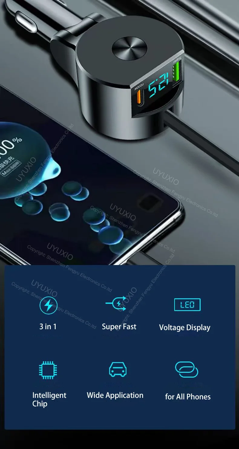 USB C Car Charger 65W Super Fast Charge with Voltage Display PD 30W Retractable Type C Cable for iPhone 16 Pro Max 15 Samsung