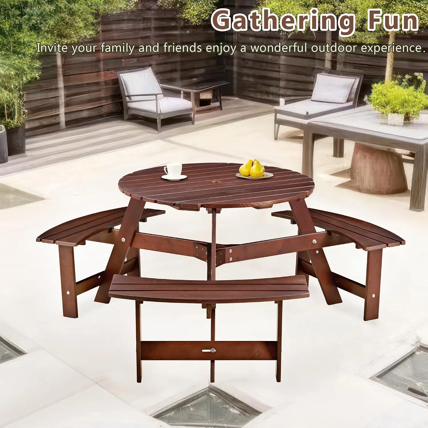 6 Person Wood Picnic Table, Outdoor Round Dining Table with 3 Built-in Benches, Umbrella Hole, Outside Patio Backyard Table and