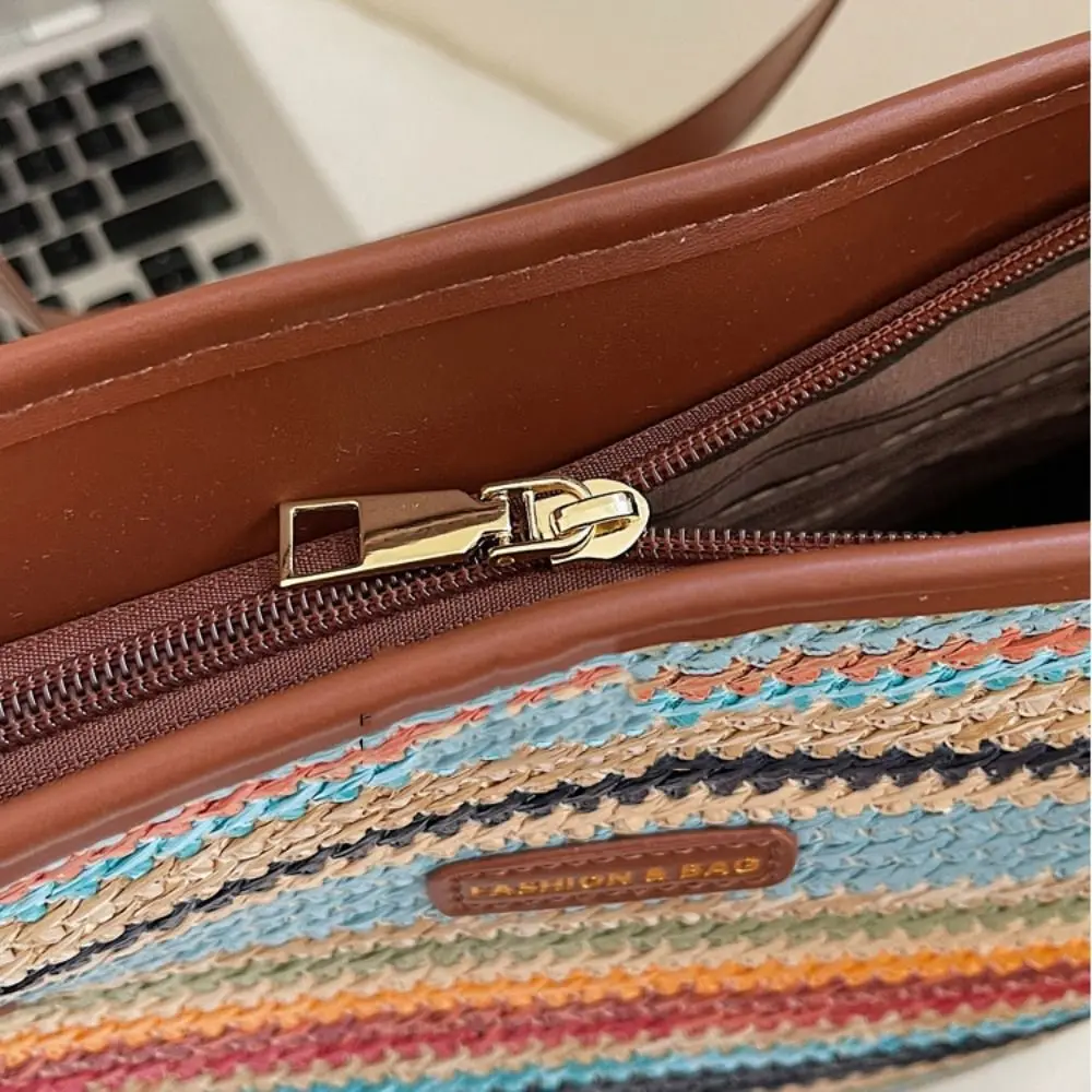 

Hollow Out Straw Woven Bag Beach Handbag Parent Shoulder Bag Bohemian Beach Bag Large Capacity Bucket Bag Strip Shoulder Bag