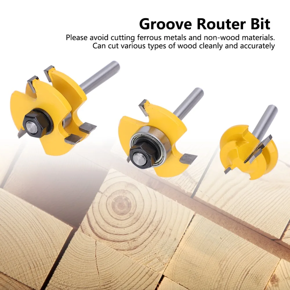 3pcs 45 Degree Angle Router Bit Set 3 Teeth T-Shape Stile Router Bit Lock Miter Router Bit 1/4 Inch Shank Adjustable Design