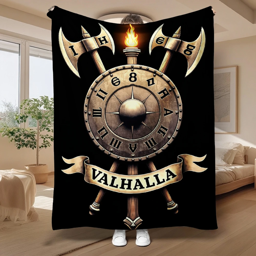 Valhalla Viking Theme, Norse Mythology Fans Gift, Soft Cozy Blanket, Crossed Axes Clock Design, Multi-Purpose Home Decor