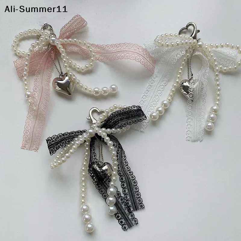 【1a1】1Pcs Sweet Lace Bow Beaded Bow Keychain Phone Charm Strap Pendant For Phone Accessories Bag Hanging Cord For Women Girl