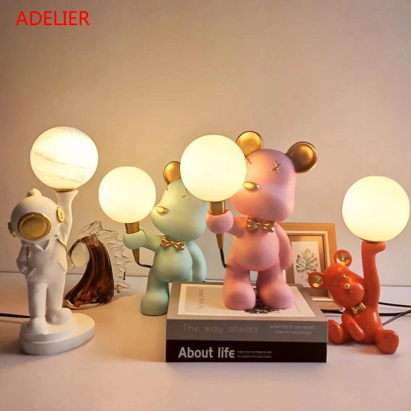 Pink Bear Cartoon Children\'s Table Lamp Living Room Bedside Bedroom Decor Spaceman 3D Moon Desk Lamp Boys/Girls Birthday Gift La