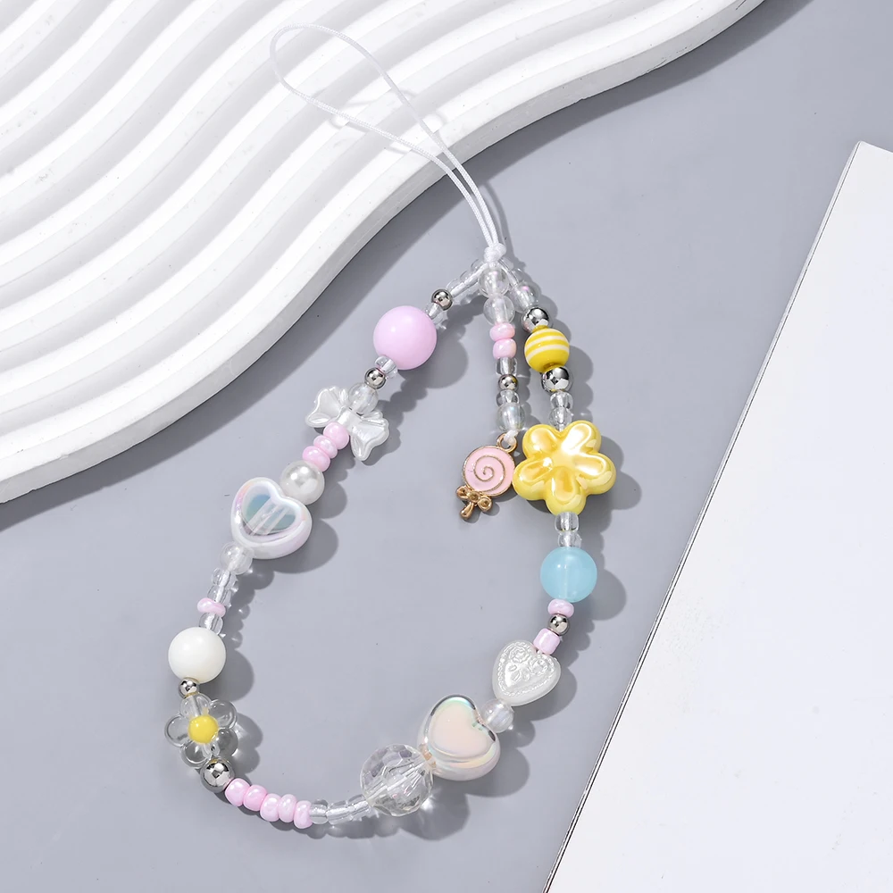 Y2K Mobile Phone Lanyard Colorful Acrylic Heart Flower Beads Telephone Chain For Women Girls Anti-Lost Phone Case Chain Currency