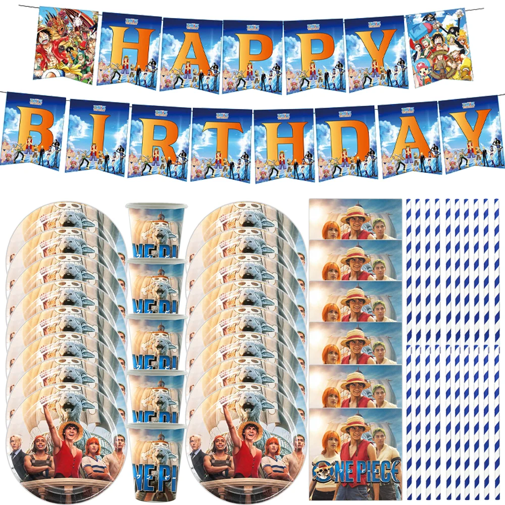 

20People ONE PIECE Luffy Birthday Decoration Disposable Tableware Set Paper Plates Banner Tablecloth Balloon Kids Party Supplies