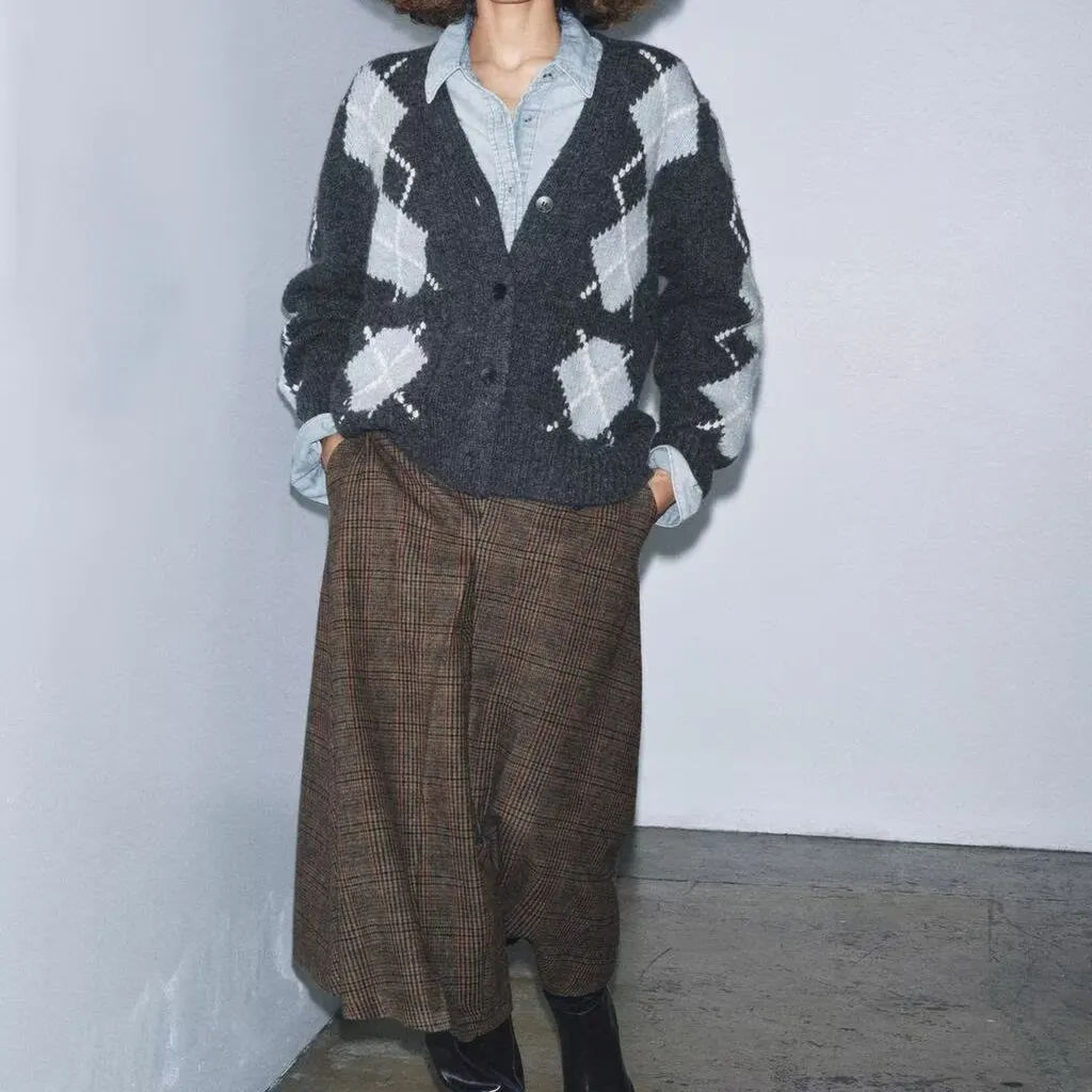 Faionable верхняя одежда с ромбовидным узором, женская одежда ZR Sle, новое осенне-зимнее длинное пальто из полиэфирного волокна Sve V-Ne