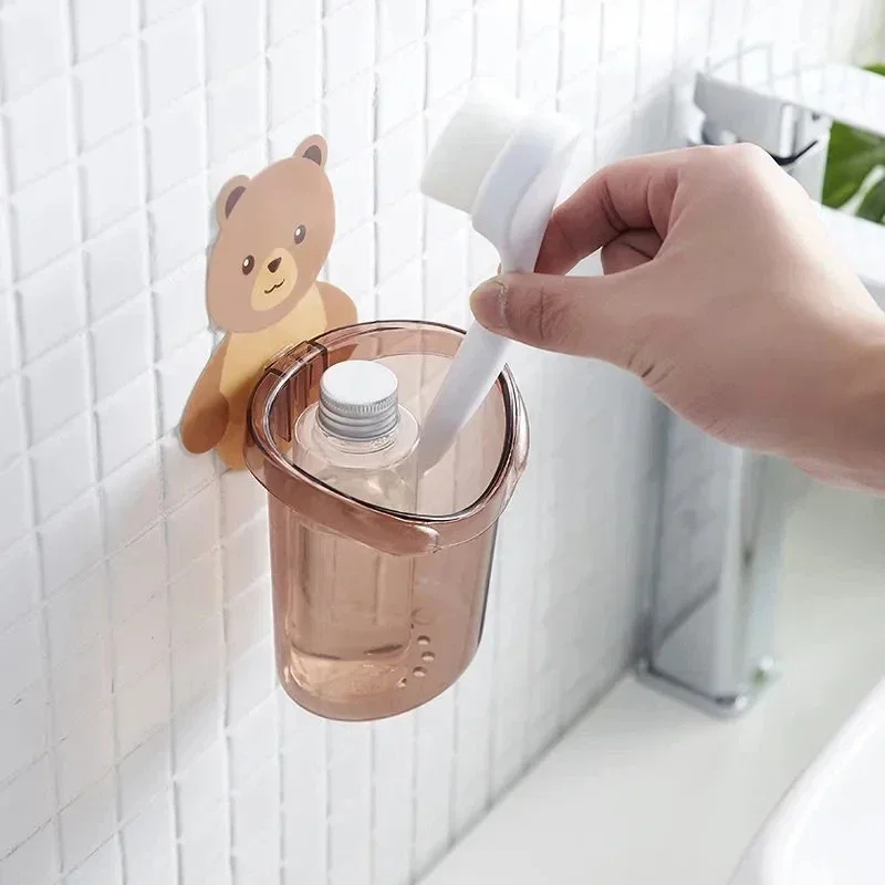 Cute Bear Toothbrush Holder Bathroom Cartoon Wall Mounted Toothpaste Rack Mouthwash Cup Drain Racks Container Organizer