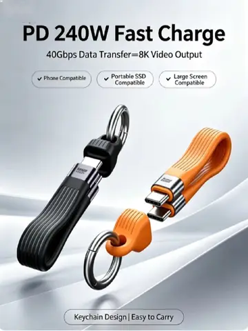 PD 240W Hızlı Şarj Kablosu, 40Gbps Yüksek Hızlı Veri Aktarımı, 8K Video Çıkışı, Telefonlar ve Taşınabilir SSD'ler için Anahtarlık Askı Kablosu