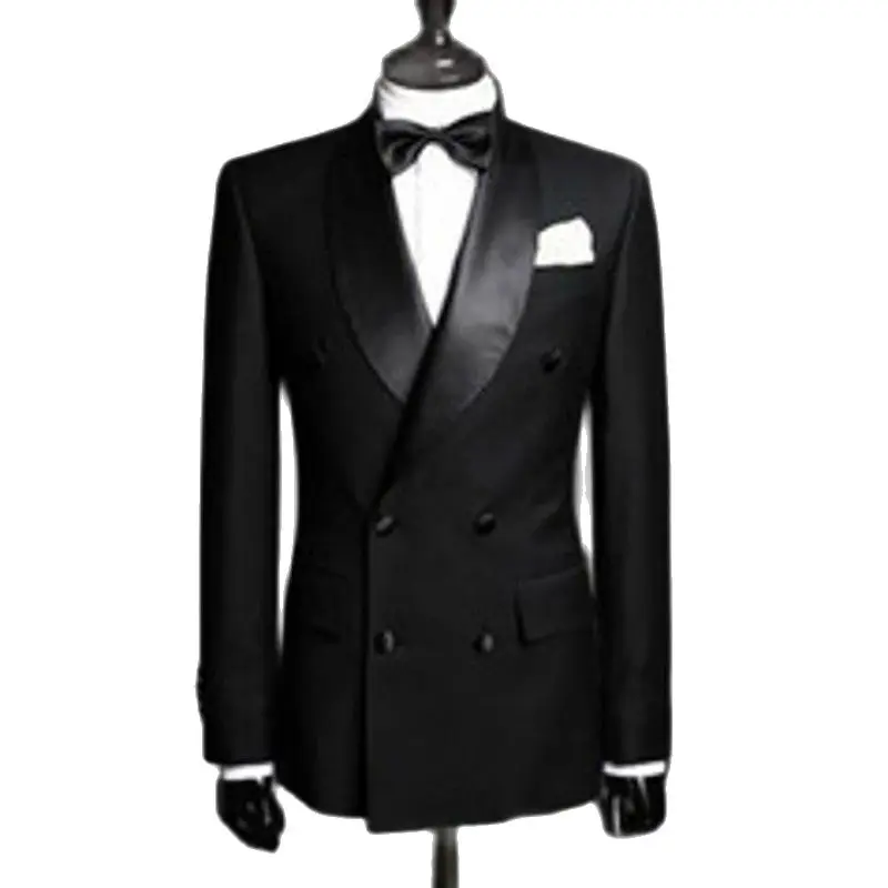 

Real Photo Double Breasted Groom Tuxedos Coat Trousers Set Black Shawl Collar Mens Prom Busienss Suit (Jacket+Pants+Tie) W:499